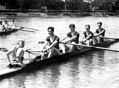 Black and white photograph, PHRC crew racing 4, 1938, 1938