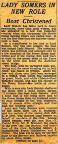 Newspaper clipping - LADY SOMERS IN NEW ROLE Boat Christened, LADY SOMERS IN NEW ROLE Boat Christened