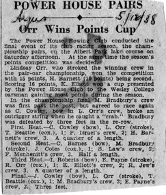Newspaper clipping - POWER HOUSE PAIRS Orr Wins Points Cup, POWER HOUSE PAIRS Orr Wins Points Cup