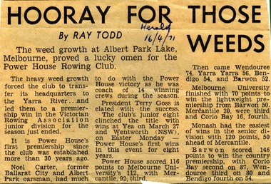 Newspaper clipping - HOORAY FOR THOSE WEEDS By RAY TODD, HOORAY FOR THOSE WEEDS By RAY TODD, 16 April 1971