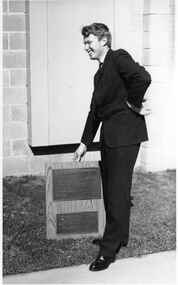 Black and white photograph, Opening of Power House Rowing Club man standing with plaque, 1970