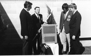 Black and white photograph, Opening of Power House Rowing Club with M O'Brien, CC W King, T Goss and C Gahan, 1970