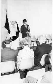 Black and white photograph, Opening of Power House Rowing Club with man standing at microphone, 14 February 1970