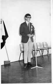 Black and white photograph, Opening of Power House Rowing Club with man standing at microphone, 14 February 1970