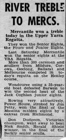 Newspaper clipping, RIVER TREBLE TO MERCS, 1958