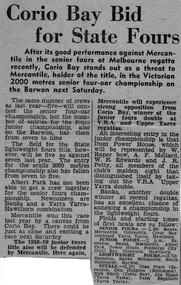 Newspaper clipping, Corio Bay Bid for State Fours, 1959