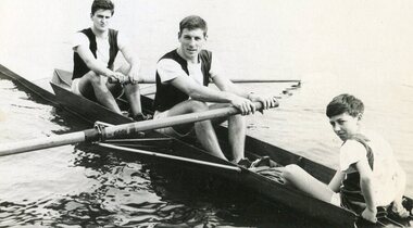 Black and white photograph, Three male rowers