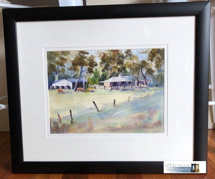 Watercolour of house and shed, surrounded by tall gum trees, three brown cows in the paddock enclosed by post and rail fence