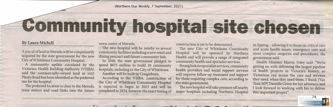 Newspaper Clipping, Laura Michell, Community Hospital site chosen at Mernda, 07/09/2021