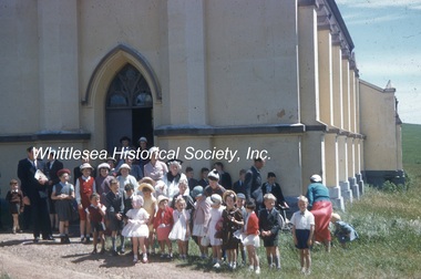 Slide - photograph, colour, Whittlesea Christ Church, congregation and Sunday School pupils, c.1956-1966