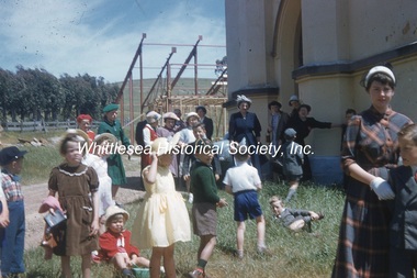 Slide - photograph, colour, Whittlesea Christ Church, Sunday School pupils. Parish Hall in the background, c.1956-1966