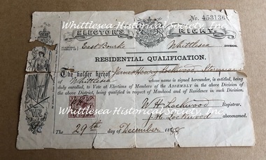 Document - Original, Elector's Right, East Bourke Whittlesea Division, James Henry Lockwood, 31 May 1895