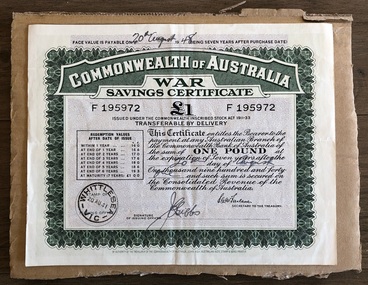 Currency - Commonwealth of Australia War Savings Certificate 1 pound, 20 Aug 1941