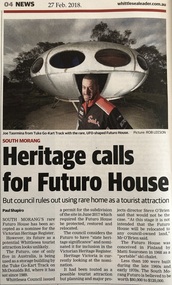 Newspaper - Newspaper clipping, Whittlesea Leader, Heritage calls for Futuro House, 27 Feb 2018