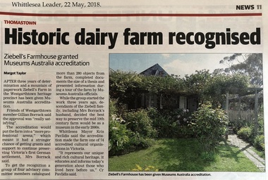 Newspaper - Newspaper clipping, Whittlesea Leader, Historic dairy farm recognised, 22 May 2018