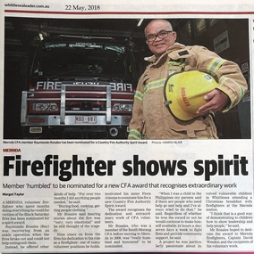 Newspaper - Newspaper clipping, Whittlesea Leader, Firefighter shows spirit, 22 May 2018