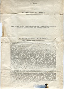 Document - Report, Department of Mines, Report on the Plenty River Valley, 1898