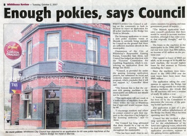 Newspaper - Newspaper Clipping, Whittlesea Review, Enough Pokies says Council, 2 Oct 2007