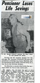 Newspaper - Newspaper Clipping, Copy, Pensioner loses life savings, c.1960