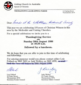 Work on paper - Letter, Thomastown Uniting Church, Invitation, Thanksgiving Service, Thomastown, 1998