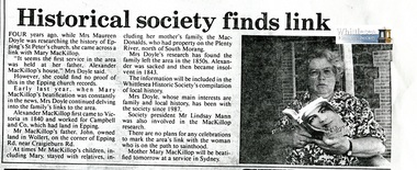 Newspaper - Copy, Article, Whittlesea Post, Historical society finds link, 18 Sep 1995
