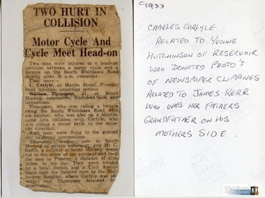 Photograph - Newspaper Article, Two Hurt in Collision, c.1933