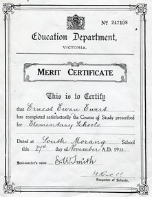 Certificate - School Certificate, Education Department Victoria, Merit Certificate, Ernest Ewan Ewert, South Morang School, 1933