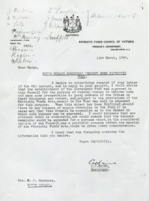 Letter, Patriotic Funds Council of Victoria, 1946