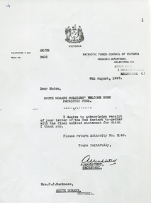 Letter, Patriotic Funds Council of Victoria, 1947