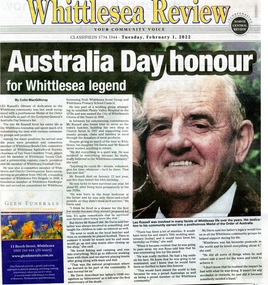 Newspaper - Article, Whittlesea Review, Australia Day honour for Whittlesea legend, Les Russell, Feb 2022