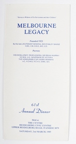 Programme - Menu card, Melbourne Legacy 61st Annual Dinner 1985, 1985