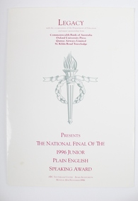 Programme, Legacy Presents the National Final of the 1996 Junior Plain English Speaking Award, November 1996