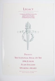 Programme, Legacy Presents the National Final of the 1996 Junior Plain English Speaking Award, November 1996