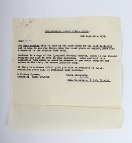 Document - Minutes, Minutes of Inaugural meeting of Intermediate Legacy Club (Girls) 17th August, 1955, 09/09/1955