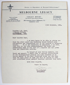 Letter, Legatee John Nelson Capp, 23/11/1961