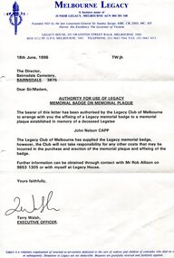 Letter, Legatee John Nelson Capp, 18/06/1996