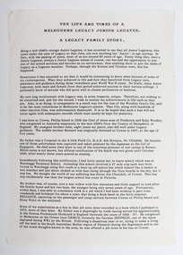 Document - Memoir, Life and Times of a Melbourne Legacy Junior Legatee (Arthur Woodley). A Legacy Family Story, 1990