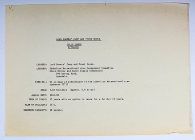 Plan - Document, plans, Lord Somers' Camp and Power House.  Gully Lodge, Eppalock