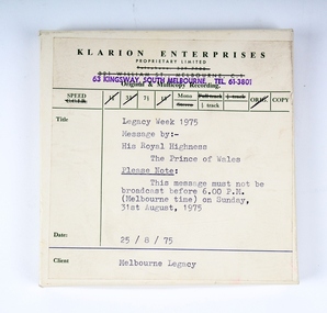 Audio - Recording, tape, Legacy Week 1975. Message by:- His Royal Highness The Prince of Wales, 25/8/1975