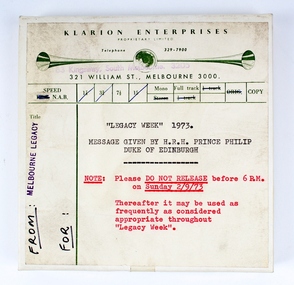 Audio - Recording, tape, Legacy Week 1973. Message given by H.R.H Prince Philip Duke of Edinburgh, 1973