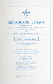 Programme - Document, series of programmes, Melbourne Legacy Box Hill - Nunawading Branch Annual Meeting and Dinner, Circa 1975 - 1984