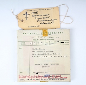 Audio - Recording, tape, Legacy Week Message 28/8/1966 by Sir Rohan Delacombe, 1966