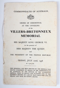 Programme - Document, programme, Order of Ceremonial at the Unveiling of the Villers-Bretonneux Memorial, 1938