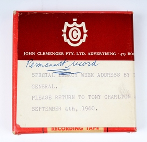 Audio - Recording, tape, Special Legacy Week Address by the Governor General, 1960