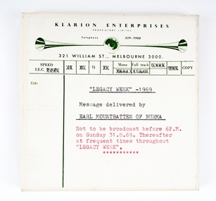 Audio - Recording, tape, "Legacy Week" - 1969, 1969