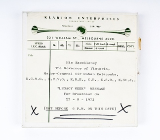 Audio - Recording, tape, Legacy Week message for broadcast on 27-8-1972, 1972