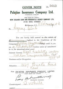 Document, Insurance Cover note, 1943