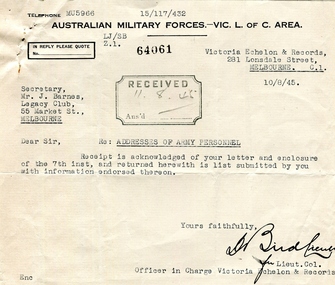 Letter, Junior Legatees, 1945