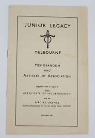 Booklet, Junior Legacy, Melbourne. Memorandum and Articles of Association, September 1952