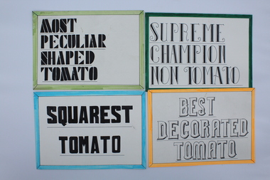 Document, Competition Categories: various categories e.g. Grand Champion Tomato, Most Peculiar Shaped Tomato, etc